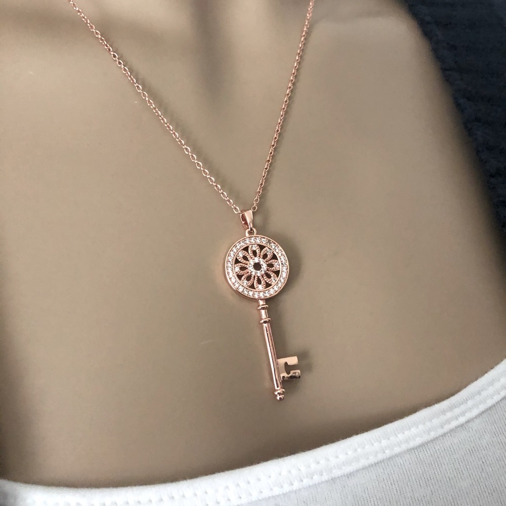 Rose Gold Diamond Flower Key Pendant Necklace - Picture 6 of 6